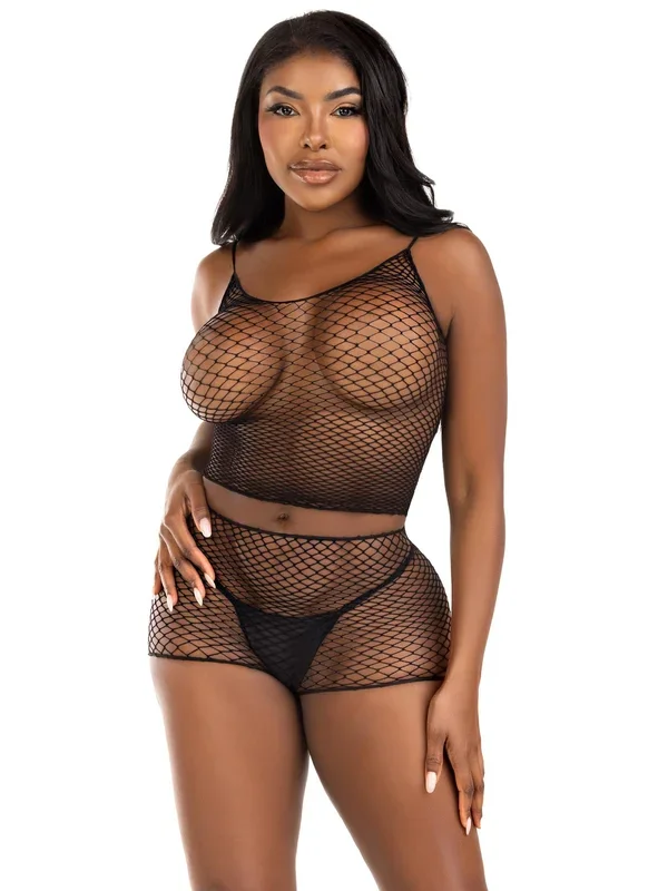 2 Pc Net Tank Top With Boy Shorts – One Size – Black