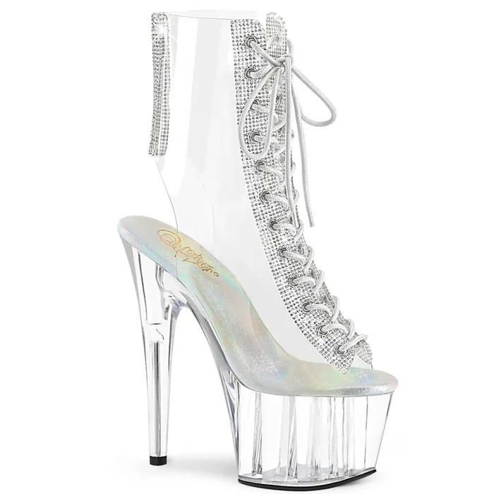 7 ” Clear Stiletto Open Toe/Heel Bootie with Rhinestone Accents