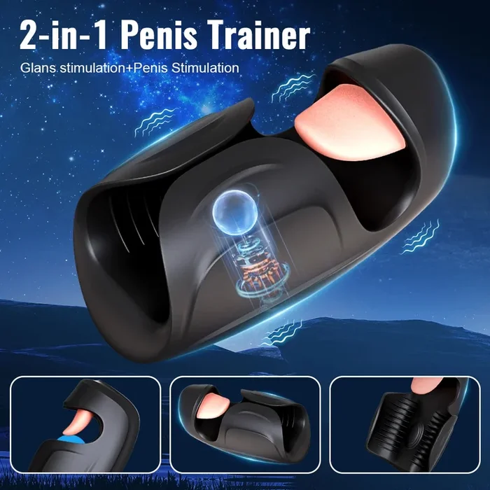 Automatic Glans Trainer Male Masturbator Penis Training Vibrator 2 in 1 Tongue Licking & Tapping Stroker