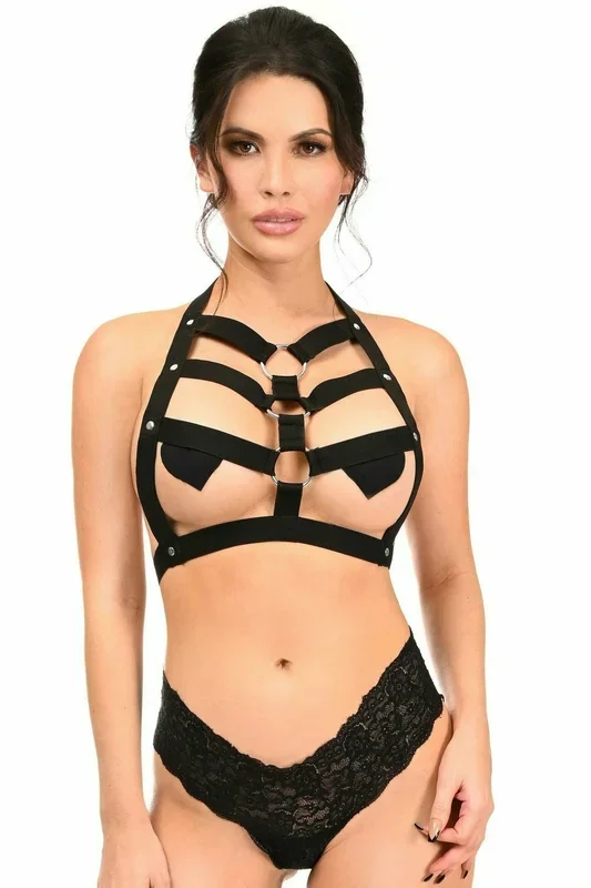 Black Stretchy Body Harness w/Silver Hardware