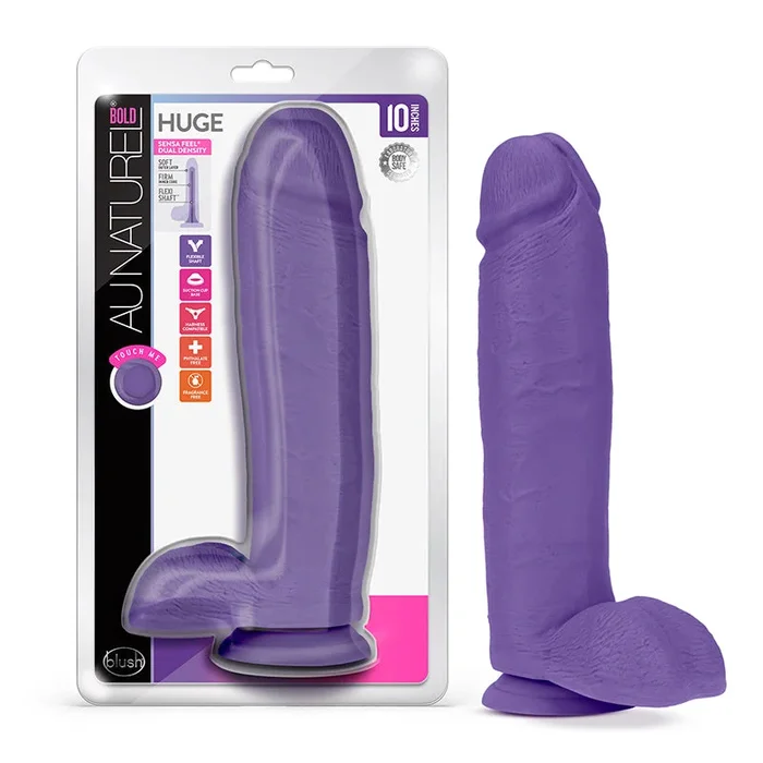 Blush Au Naturel Bold Huge 10 atomic number 49. Posable Dual Density Dildo with Balls & Suction Cup Purple