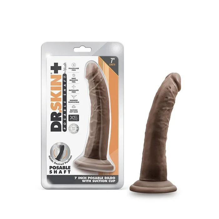 Blush Dr. Skin Plus Realistic 7 inward. Three-Bagger Density Posable Dildo with Suction Cup Brown