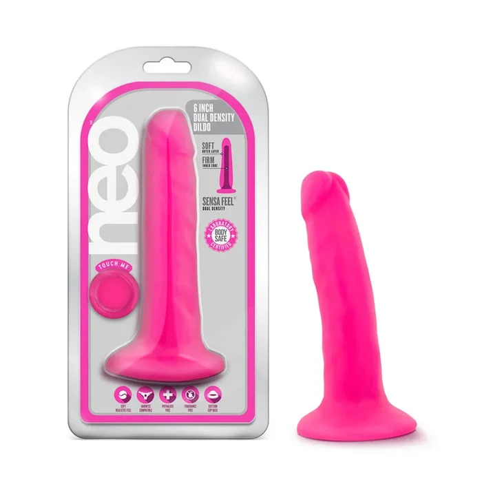 Blush Neo 6 atomic number 49. Dual Density Dildo with Suction Cup Neon Pink