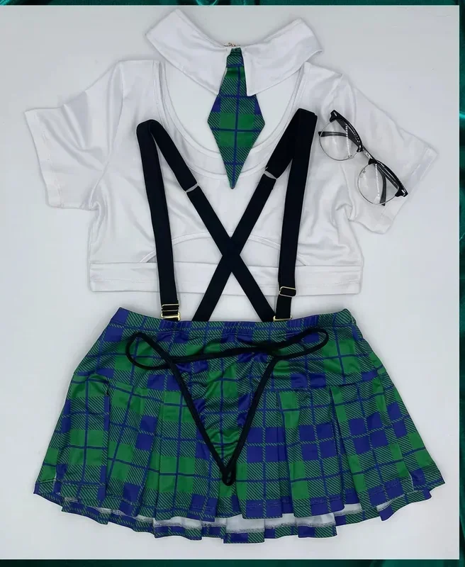 BodyZone Role Play Sultry School Babe 6 pc Top & Skirt Costume Set Green/Patrick White