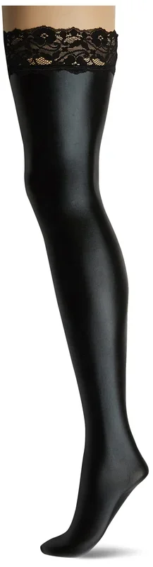 Coquette Women’S Wet Look Thigh High Stay Up Stockings With Lace, Black, One Size