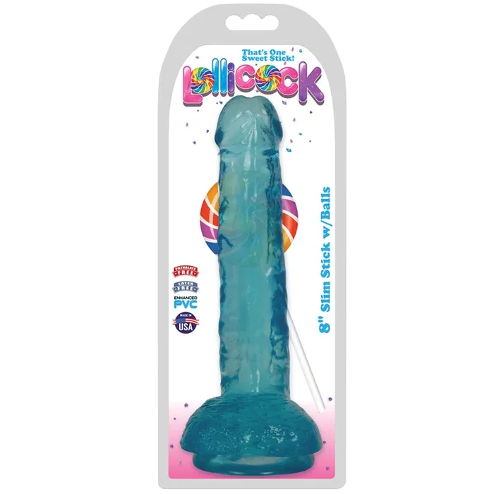 Curve Toys Lollicock Slim Stick 8 inch. Dildo with Balls & Suction Cup Berry Ice