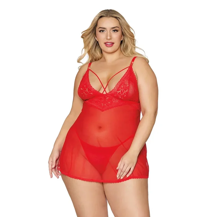 Dreamgirl Lingerie Lace and Mesh Babdoll and G-string Set Red 12701X