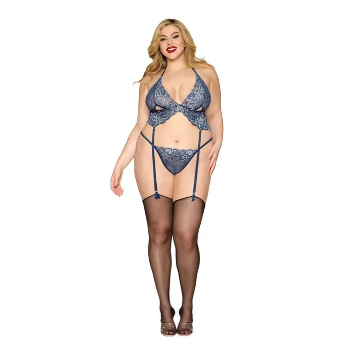 Dreamgirl Plus Size Garter Halter Bralette & G-String Twilight – 13522X