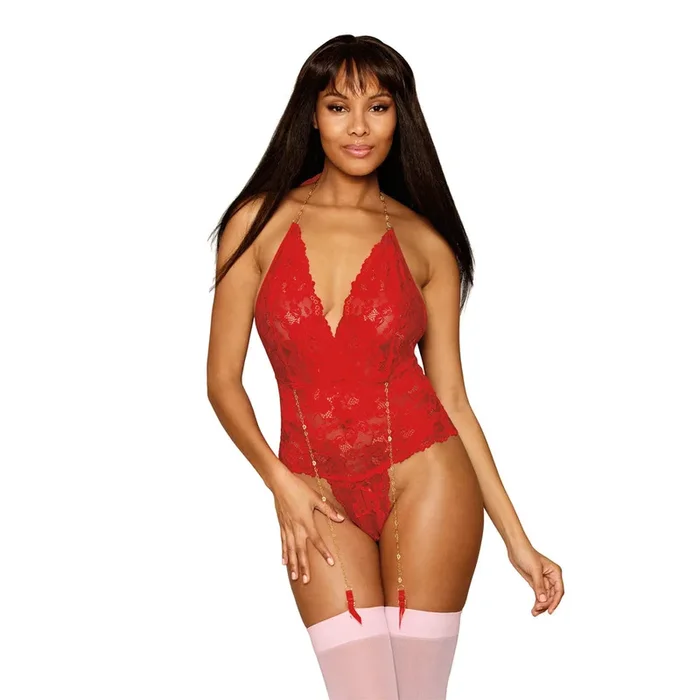 Dreamgirl Stretch Lace Garter Teddy, Metal Heart Chain Details 13089 – Ruby