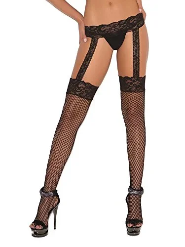 Elegant Moments Womens Diamond Net Thigh Hi With Lace Top And Garter Belt, Black, One Size