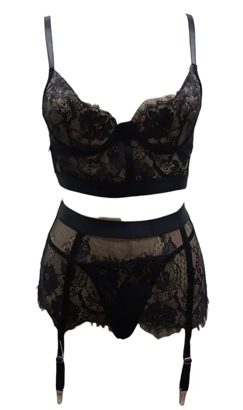 Escante 3 PC Eyelash Lace Underwire Cup Long Line Bra Set with Skirted Garterbelt & G-String Black