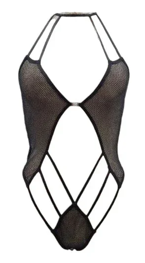 Escante Boxed Jeweled Front Fishnet Teddy Black One Size