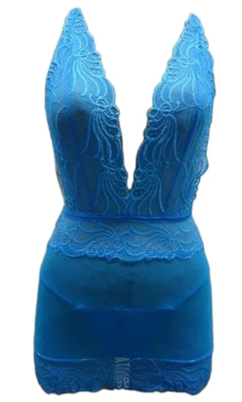Escante Rouched Honeycomb Chemise with Matching G-String Vivid Neon Blue