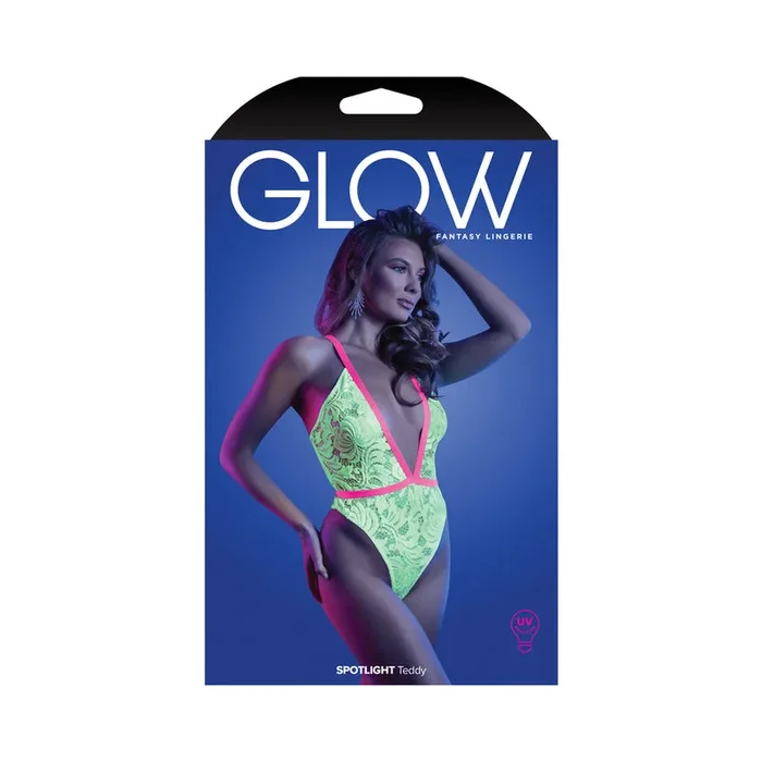 Fantasy Lingerie Glow Spotlight Contrast Flexible Lace Teddy with Snap Closure Neon Green M/L