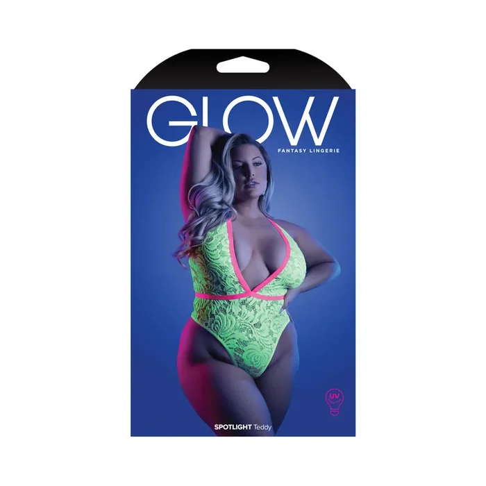 Fantasy Lingerie Glow Spotlight Contrast Flexible Lace Teddy with Snap Closure Neon Green Queen Size