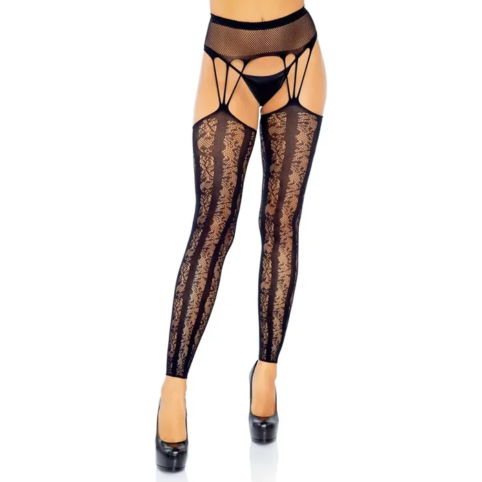 Lace Footless Stocking with impound Fishnet Garter Belt – Black