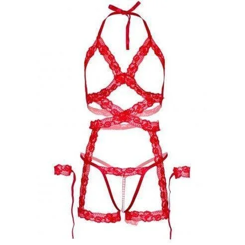 Leg Avenue Lace Halter Cami Garter with Open Cups, Crotchless Pearl G-String, and Lace Restraint Cuffs (3 Piece) – O/S – Red