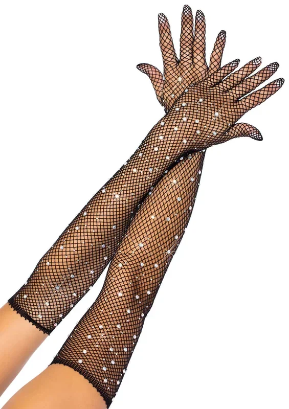 Leg Avenue Rhinestone Fishnet Long Gloves – Black