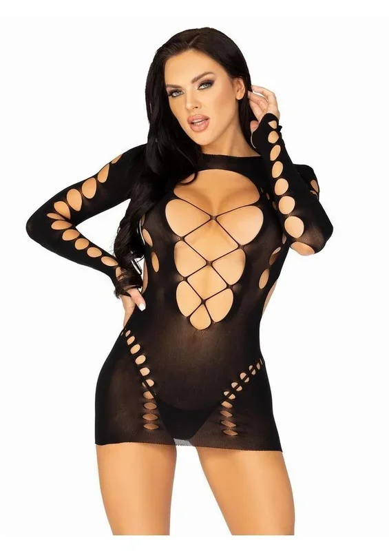 Leg Avenue Seamless Undercut Out Long Sleeve Mini Dress with Faux Lace-Up Detail