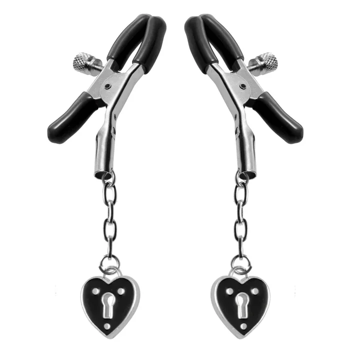 Master Series Charmed Heart Padlock Nipple Clamps Black Silver