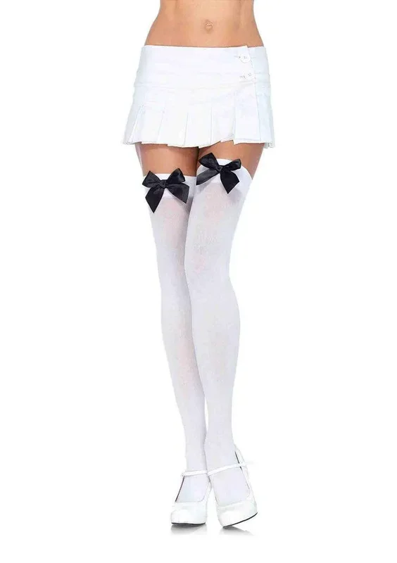 Nylon Thigh Highs With Bow – One Size – White / Black