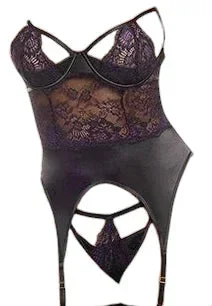 Oh La La Cheri Demi Plod Shelf Cup Merrywidow with Overlay Lace & Panty Black Heliotrope