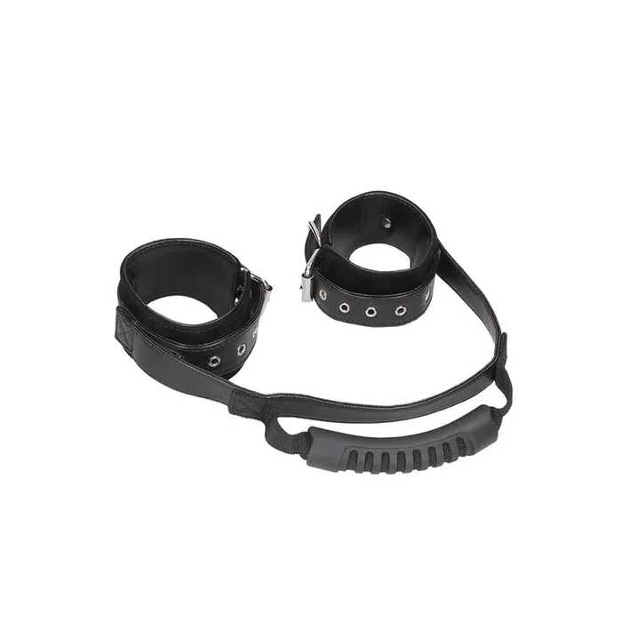 Ouch! Black & White Bonded Leather Hand Cuffs With Handle With Adjustable Straps Black
