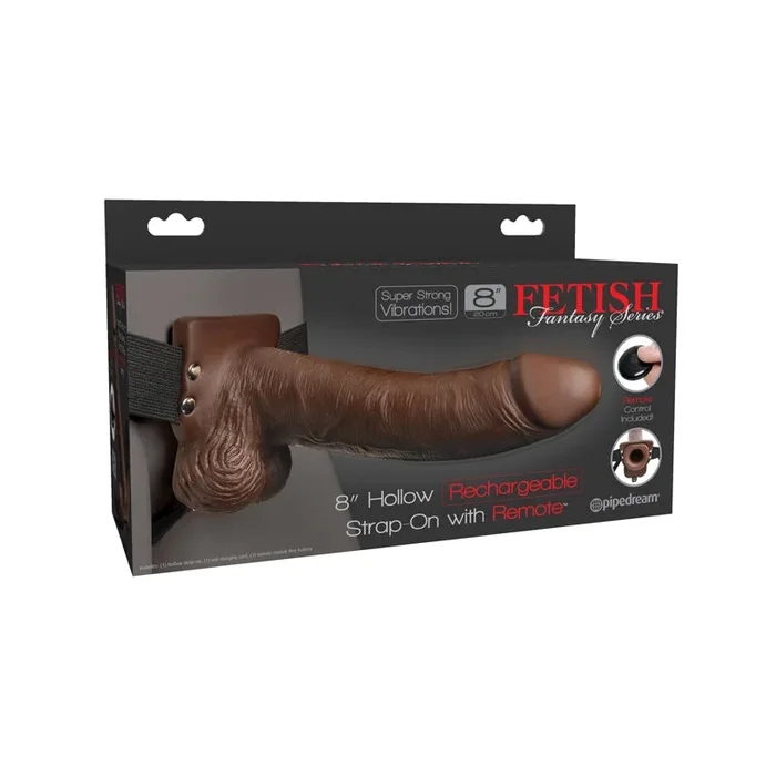 Pipedream Fetish Fantasy Series Rechargeable Remote-Controlled Vibrating 8 in. Hollow Strap-On With Balls Brown/Black