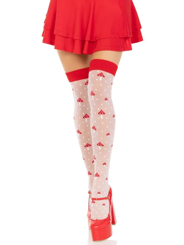 Polka Dot Mushroom Thigh High – One Size – White/red