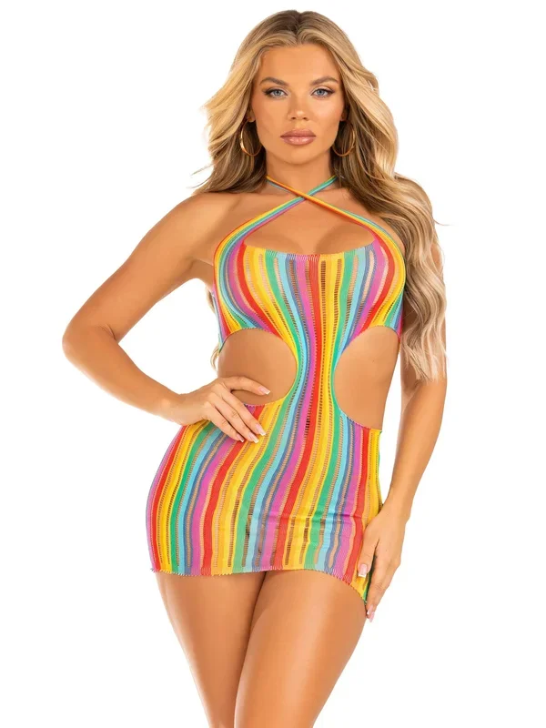Rainbow Stripe Cross Over Mini Dress – One Size – Multicolor