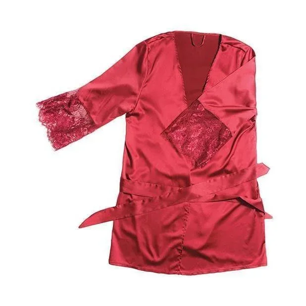 Stretch Satin Robe w/Eyelash Lace Sleeve Merlot