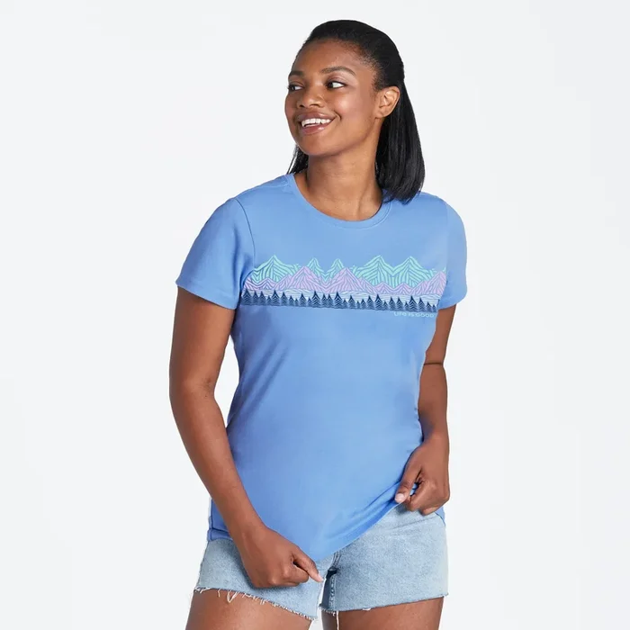 Women’s Woodblock Mountain Scene Short Sleeve Crusher Tee
